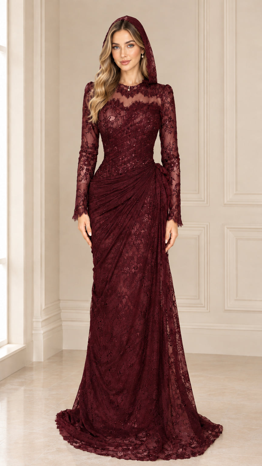 Burgundy wine red hooded beaded lace evening dress