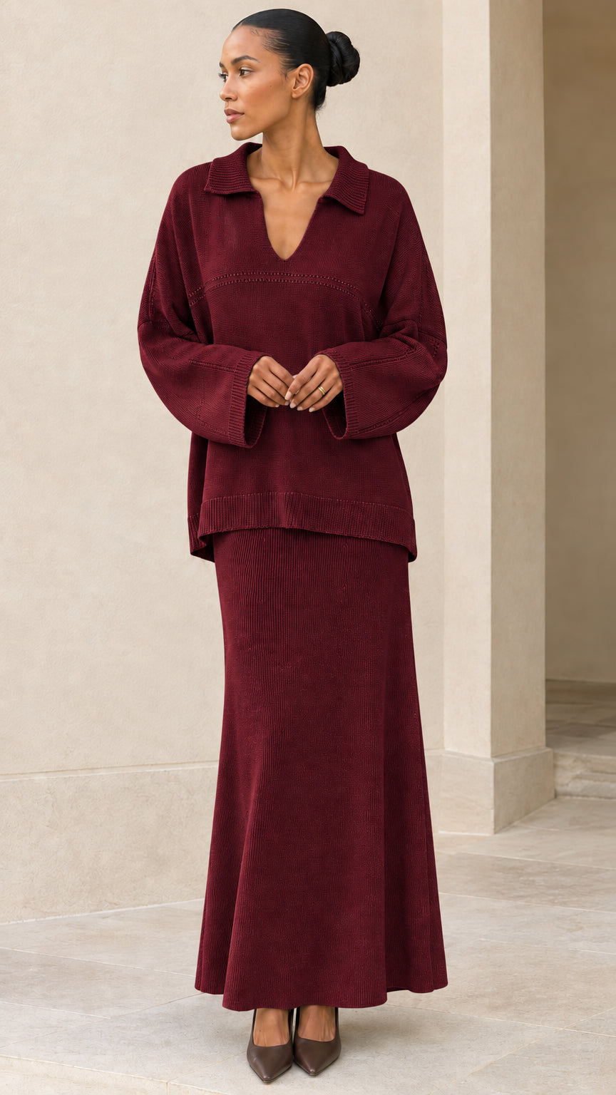 Front view of model wearing Burgundy wine knit two-piece sweater and skirt set