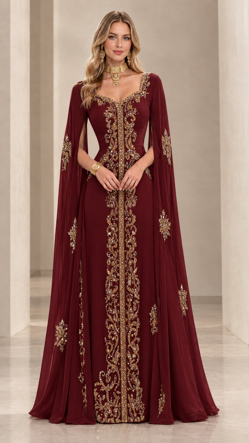 Burgundy red cape sleeve embroidered evening dress with intricate gold sequins
