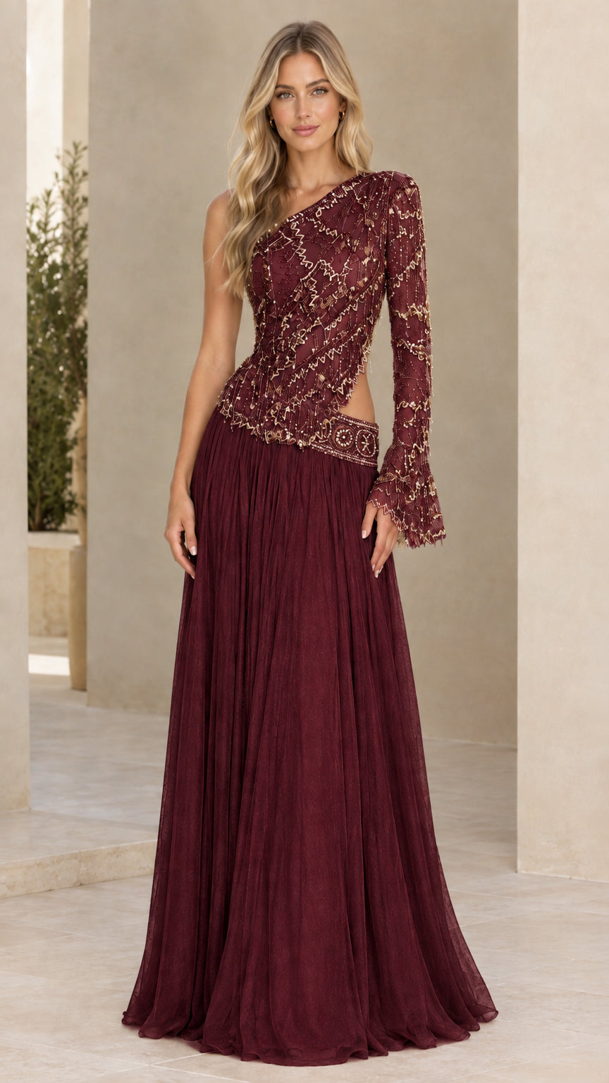 Woman modeling Burgundy wine red one-shoulder cutout evening gown