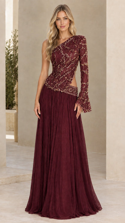 Woman modeling Burgundy wine red one-shoulder cutout evening gown