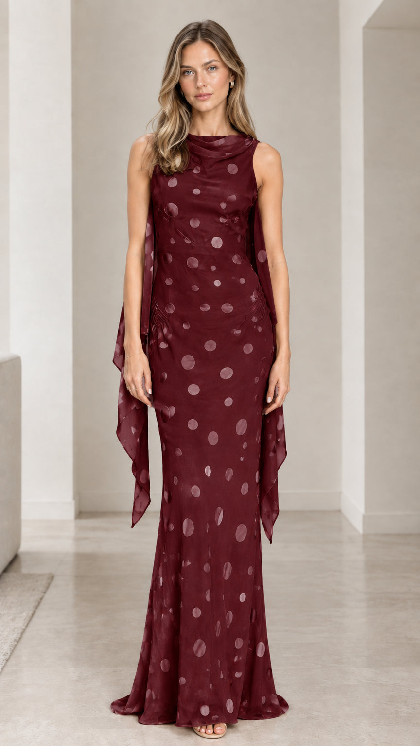 Burgundy wine polka dot formal maxi dress front view