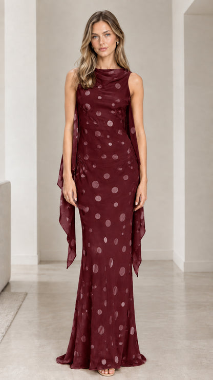 Burgundy wine polka dot formal maxi dress front view