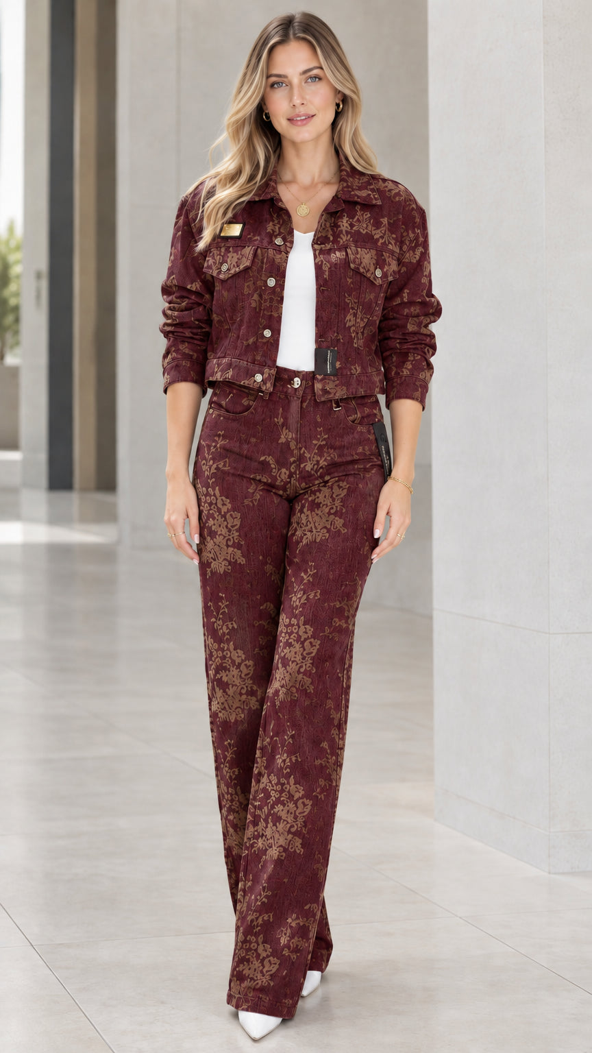 Front view of model wearing Burgundy floral jacquard cropped jacket and wide-leg pants set