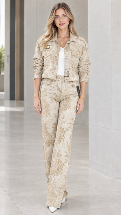 Front view of model wearing Beige floral jacquard cropped jacket and wide-leg pants set