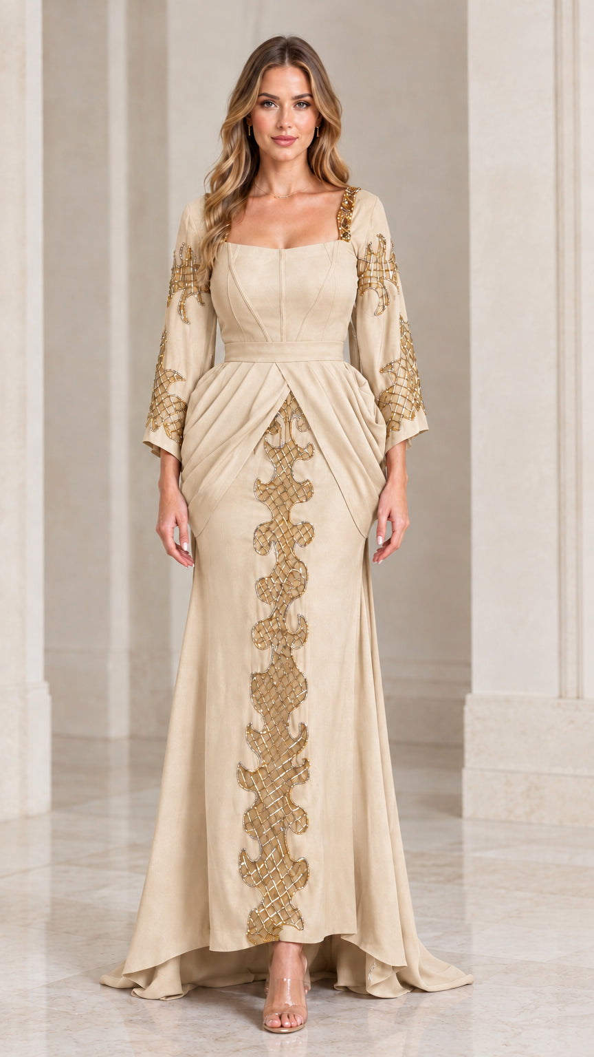 Front view of champagne beige long sleeve formal gown with gold beadwork