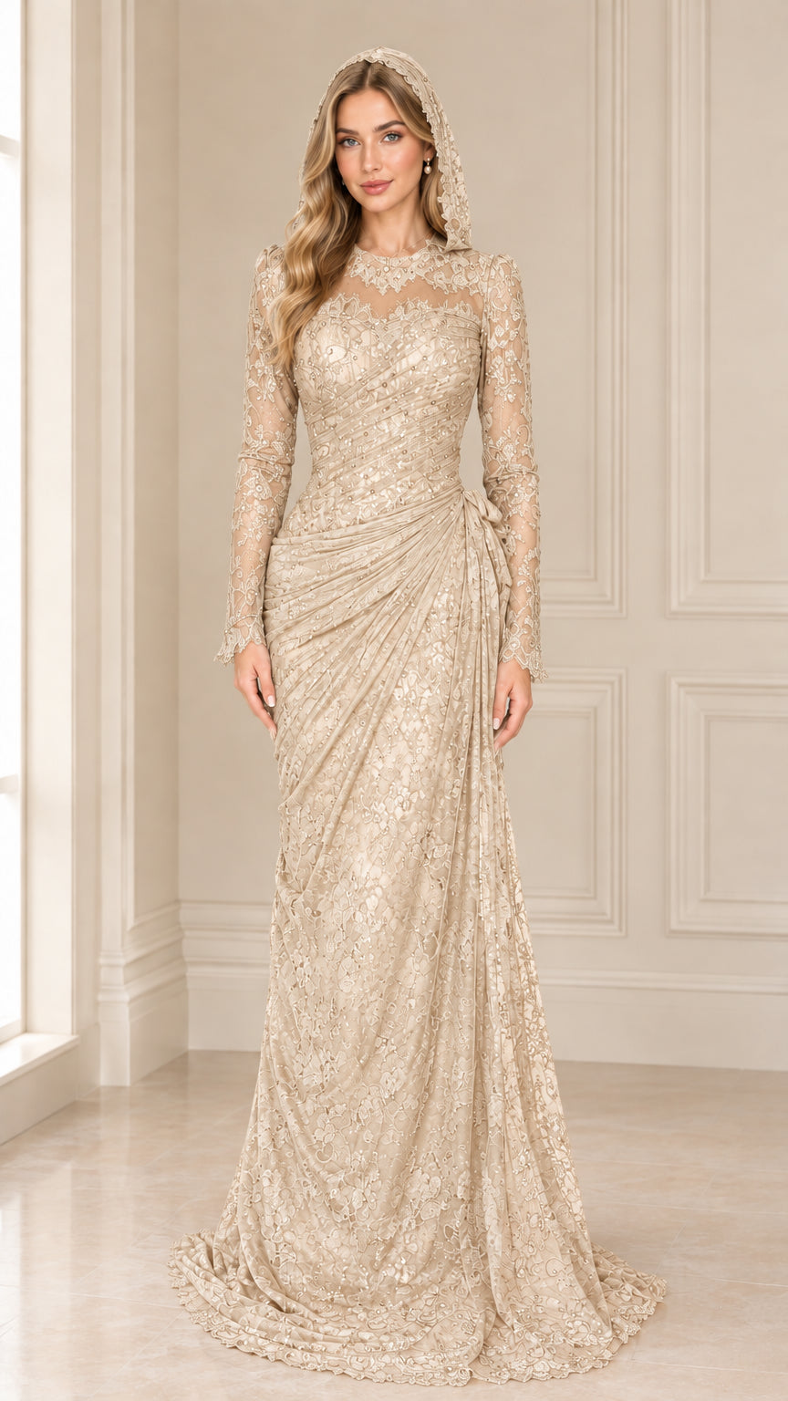 Champagne gold hooded long sleeve floral lace formal gown