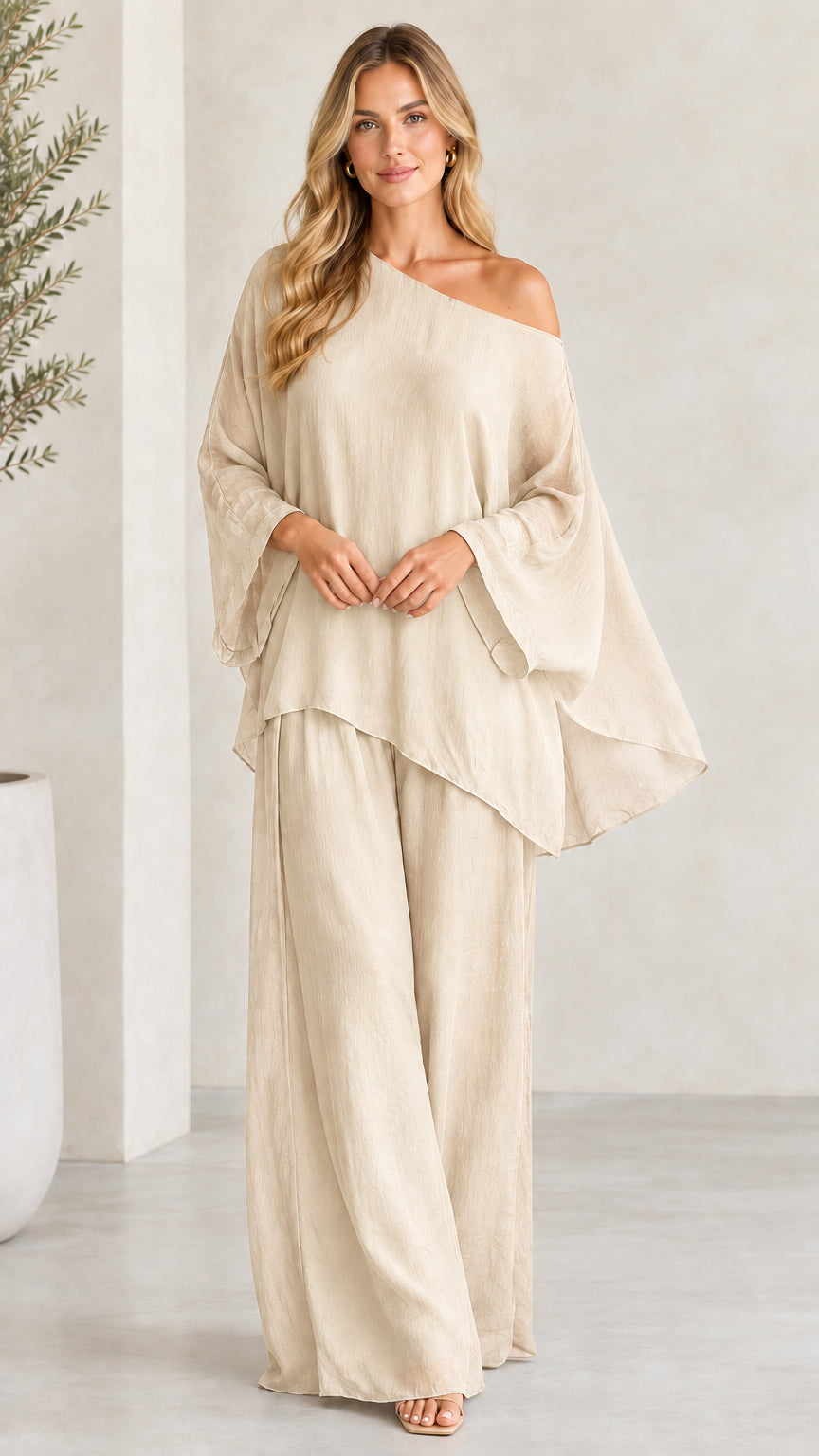 Front view of woman wearing Beige elegant one-shoulder two-piece set