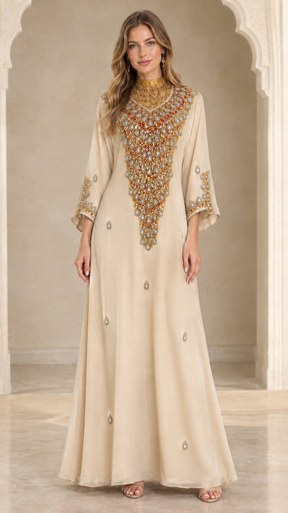 Front full view of champagne beige beaded formal kaftan dress