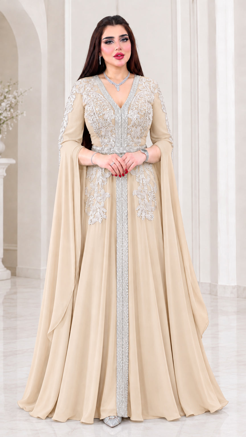 Champagne beige embroidered cape sleeve kaftan maxi gown