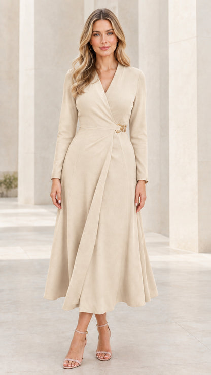Front view of woman wearing beige cream long sleeve wrap midi dress
